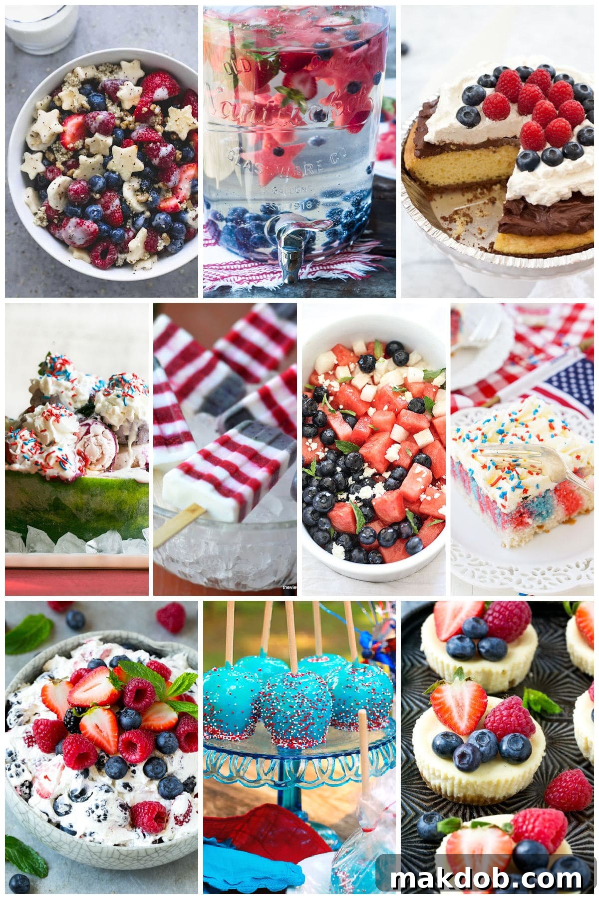 A vibrant collection of patriotic 4th of July recipes, featuring refreshing red, white, and blueberry yogurt popsicles and star-spangled infused water.