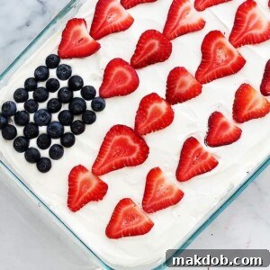 A no-bake Red, White, and Blue Tiramisu, artfully decorated with fresh berries to resemble an American flag.