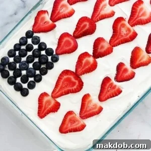 An image of a tiramisu decorated with berries to look like an American flag.