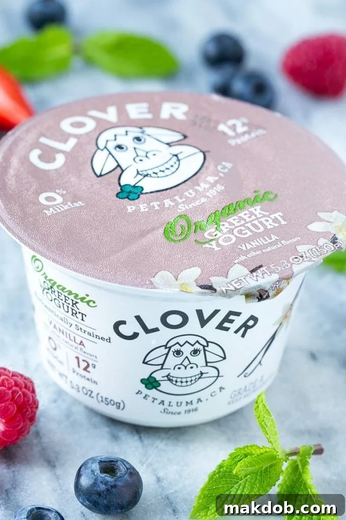 A cup of Clover brand Greek yogurt.