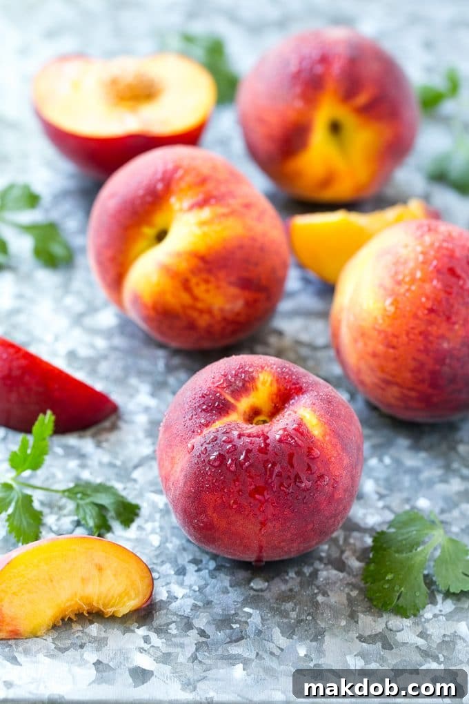 Fresh Peach Salsa Ingredients | Fruit Salsa Prep Assortment of fresh, whole, and sliced peaches and limes, ready for making salsa.