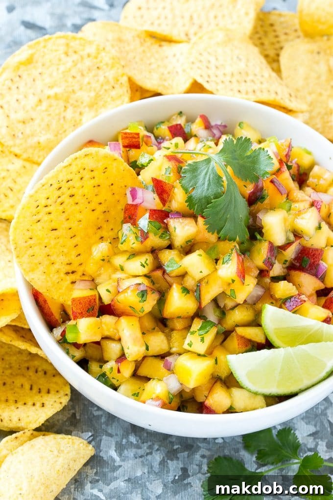 Peach Salsa with Tortilla Chips | Appetizer Close-up of fresh peach salsa served in a bowl with corn tortilla chips, ready for dipping.