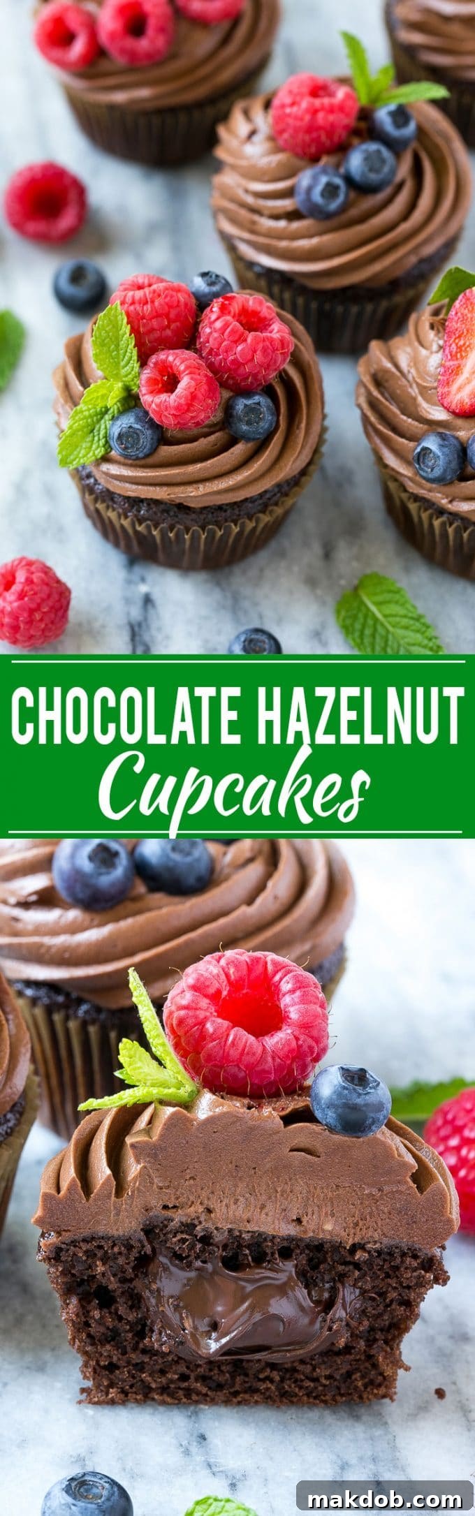 Chocolate hazelnut cupcakes topped with fresh berries and mint sprigs. The cupcakes are moist, rich, and filled with a creamy hazelnut surprise.