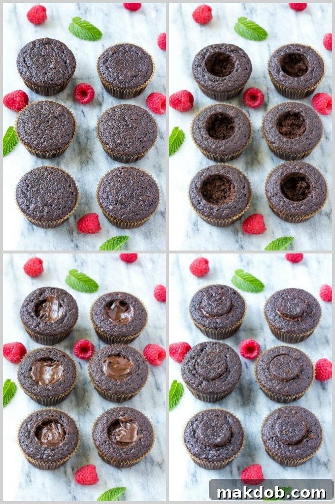 Chocolate cupcakes being hollowed out with a coring tool and then filled with chocolate hazelnut spread. This step creates a delicious surprise center in each cupcake.