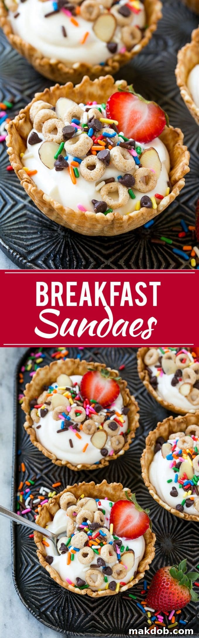 A vibrant breakfast sundae in a waffle cone cup, showcasing layers of yogurt, colorful fruit, and crispy Cheerios cereal, ready to be enjoyed.