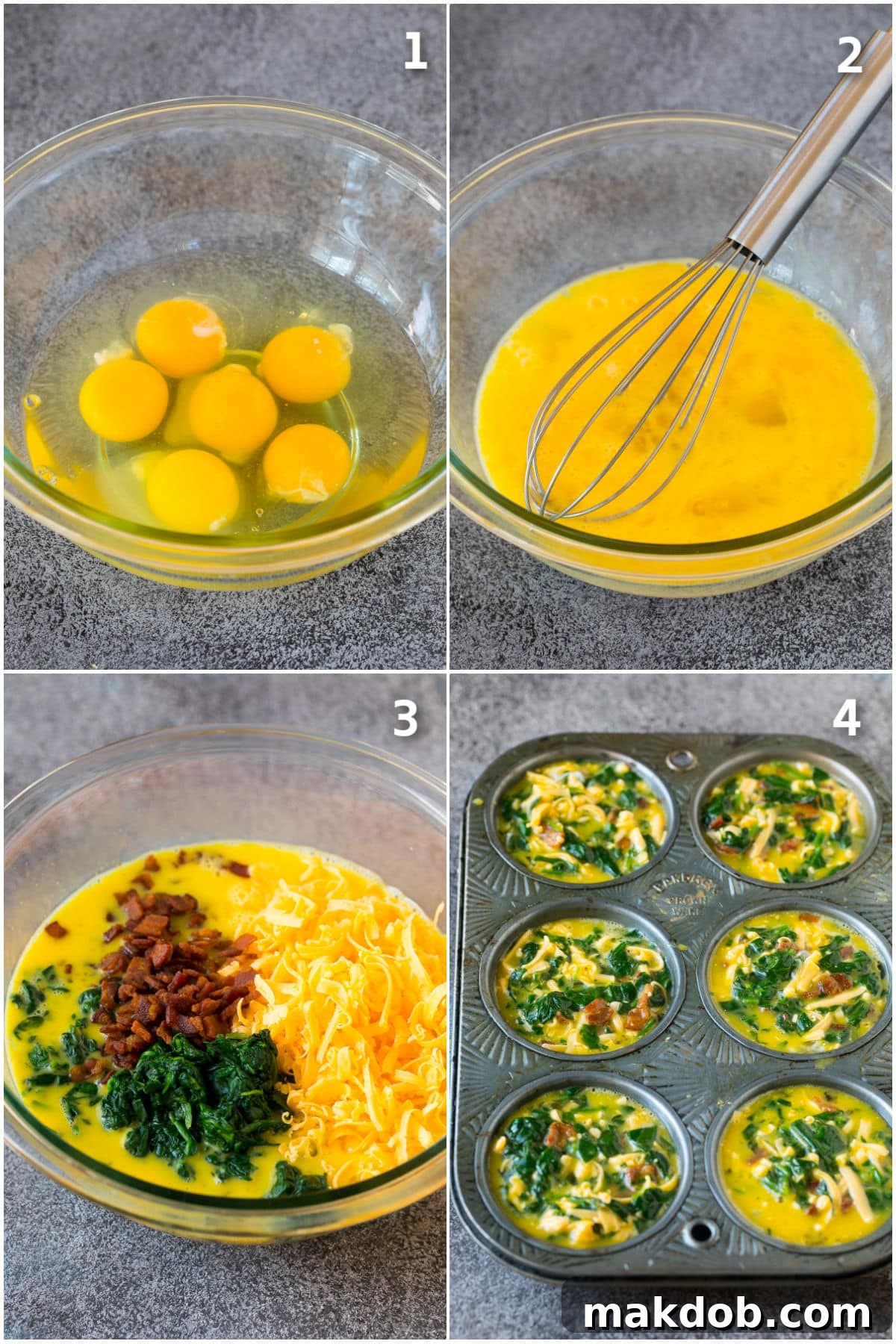 Morning Protein Muffins 4 A visual guide showing the easy steps to prepare breakfast egg muffins, from mixing ingredients to baking them in a muffin tin.