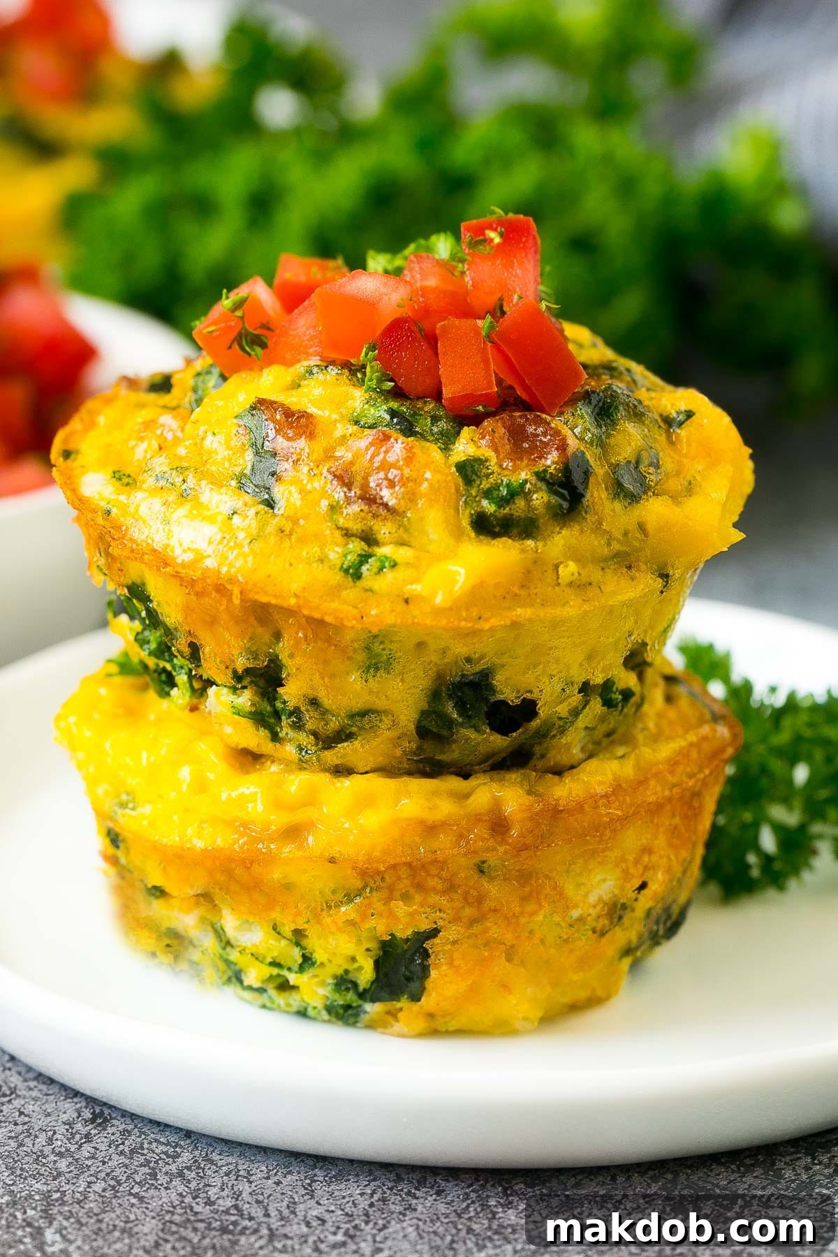 Morning Protein Muffins 6 Two perfectly cooked breakfast egg muffins, stacked on a plate and garnished with fresh herbs, highlighting their appealing texture.