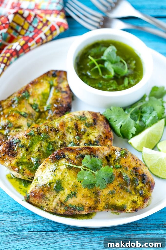 Cilantro Lime Chicken | Grilled Chicken with Zesty Marinade and Sauce Cilantro lime chicken topped with sauce and served with lime wedges. A visually appealing dish with golden-brown chicken, fresh green sauce, and bright lime slices.