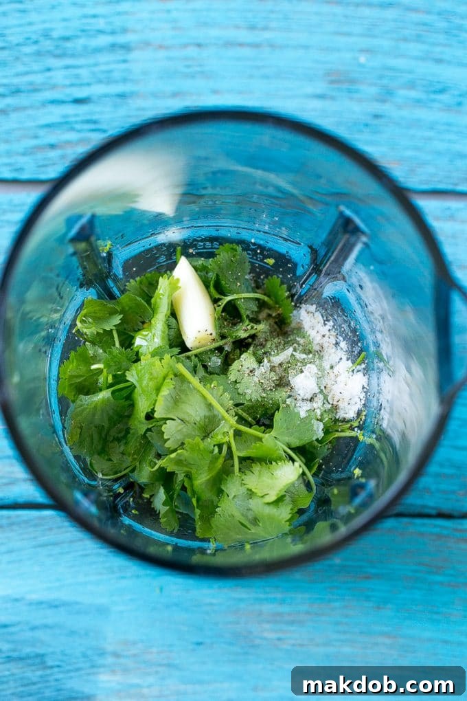 Cilantro Lime Marinade Ingredients A blender full of fresh cilantro leaves, chopped garlic, bright lime juice, and olive oil, ready to be pureed into a vibrant marinade.