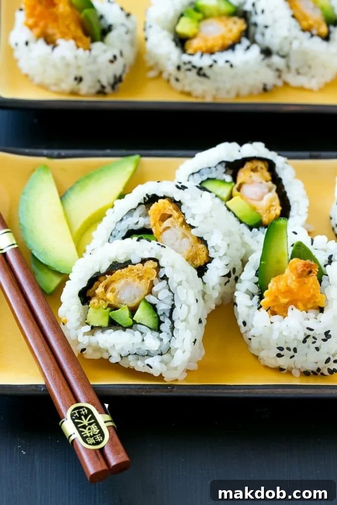 Shrimp Tempura Sushi Roll | Shrimp Tempura Sushi | Shrimp Sushi #sushi #tempura #shrimp #dinner #dinneratthezoo Shrimp tempura sushi roll with cucumber, avocado and crispy shrimp.