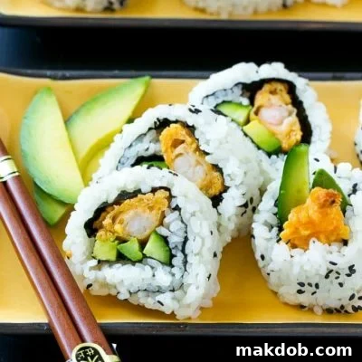 Golden Shrimp Delight Roll 2 This recipe for shrimp tempura roll is crispy shrimp with avocado and cucumber, all wrapped up in seasoned rice. Making sushi at home is actually quite fun and easy to do!