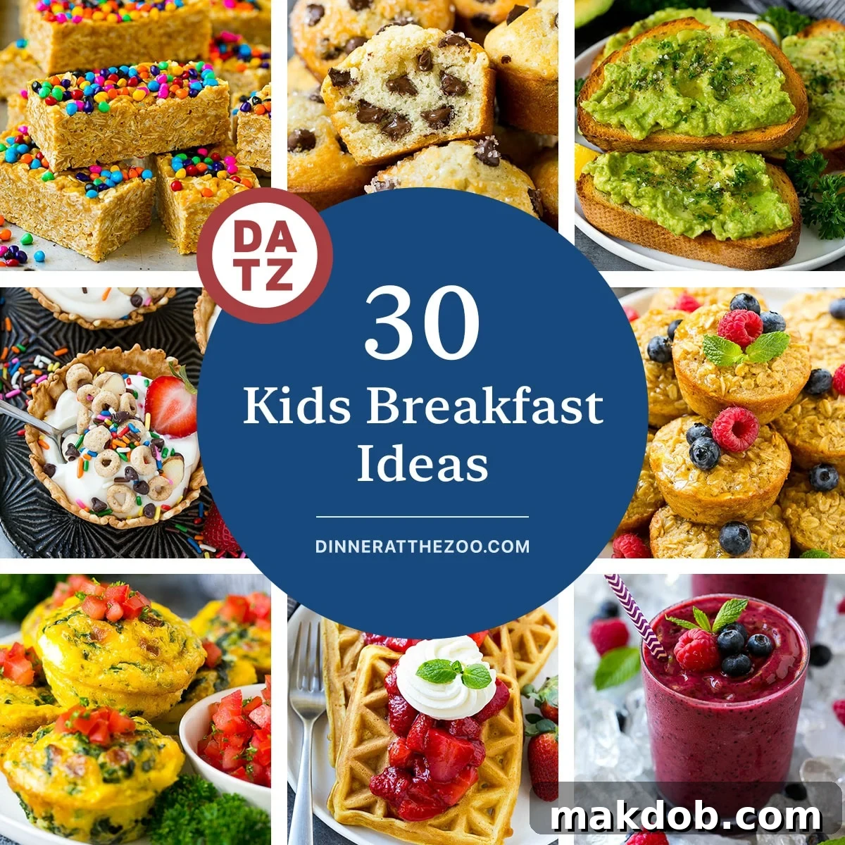 A vibrant collage of delicious breakfast ideas for children, showcasing baked oatmeal cups, fresh avocado toast, and fluffy strawberry waffles, designed to inspire easy and nutritious morning meals.