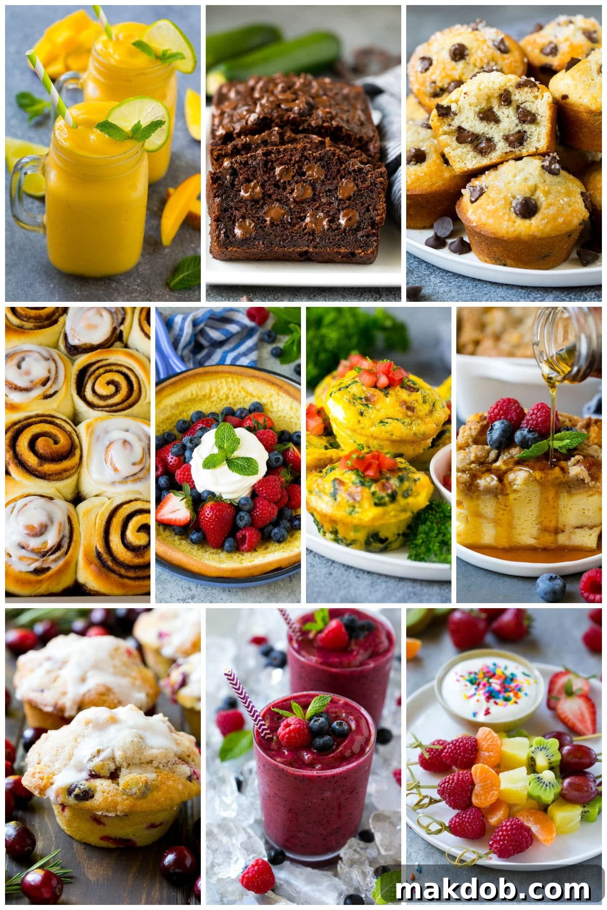 A charming photo collage of delicious and easy morning meal ideas for kids, including tempting chocolate chip muffins and a hearty French toast casserole, perfect for busy families.