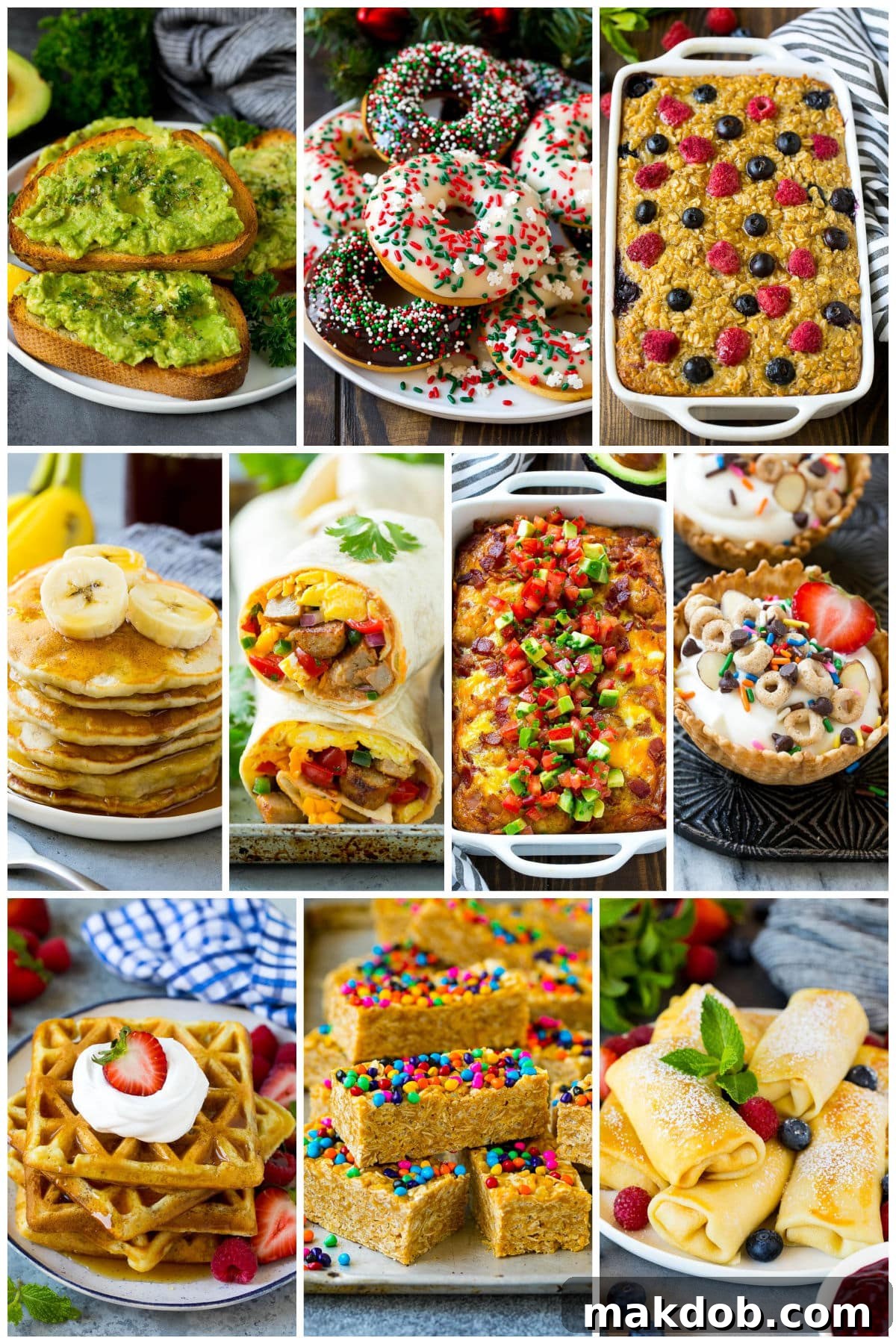 A vibrant collection of children's breakfast ideas, featuring delicious breakfast burritos, stacks of banana pancakes, and classic buttermilk waffles, all perfect for family mornings.