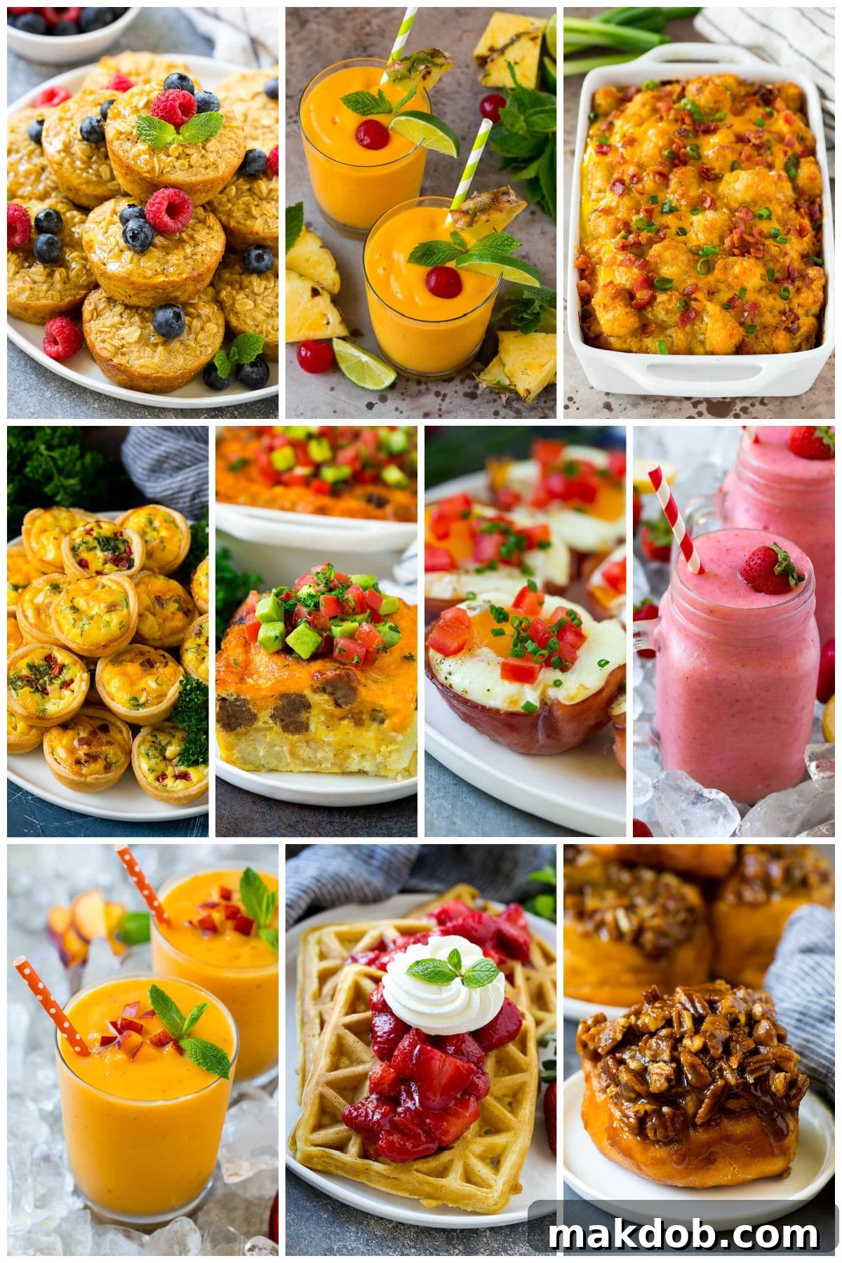 A delightful collection of morning foods perfect for kids, featuring baked oatmeal cups, fresh strawberry waffles, and irresistible sticky buns, all designed to make breakfast special.