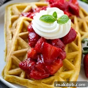 Strawberry waffles are homemade waffles topped with fresh strawberry sauce and whipped cream.