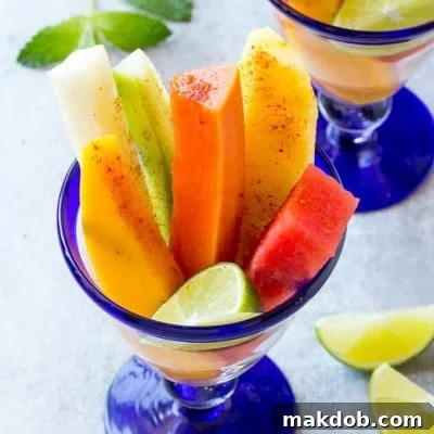 Zesty Chili-Lime Fruit Cups 2 This recipe for Mexican fruit cups is spears of tropical fruit, stacked in a glass and sprinkled with chile lime seasoning. A refreshing and unique take on fruit salad!