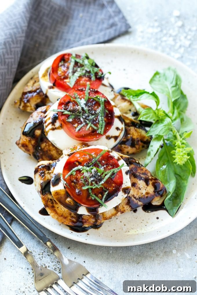 A plate of grilled Caprese chicken breasts topped with fresh mozzarella cheese, tomatoes and basil leaves.