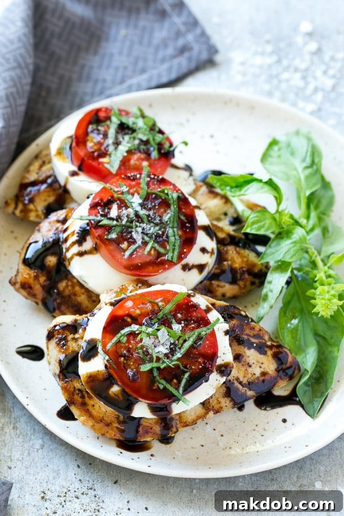 Grilled chicken breasts on a serving plate topped with sliced tomato and melted mozzarella cheese.