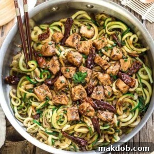 One Pot Kung Pao Chicken Zoodles, a quick and delicious low-carb weeknight meal.