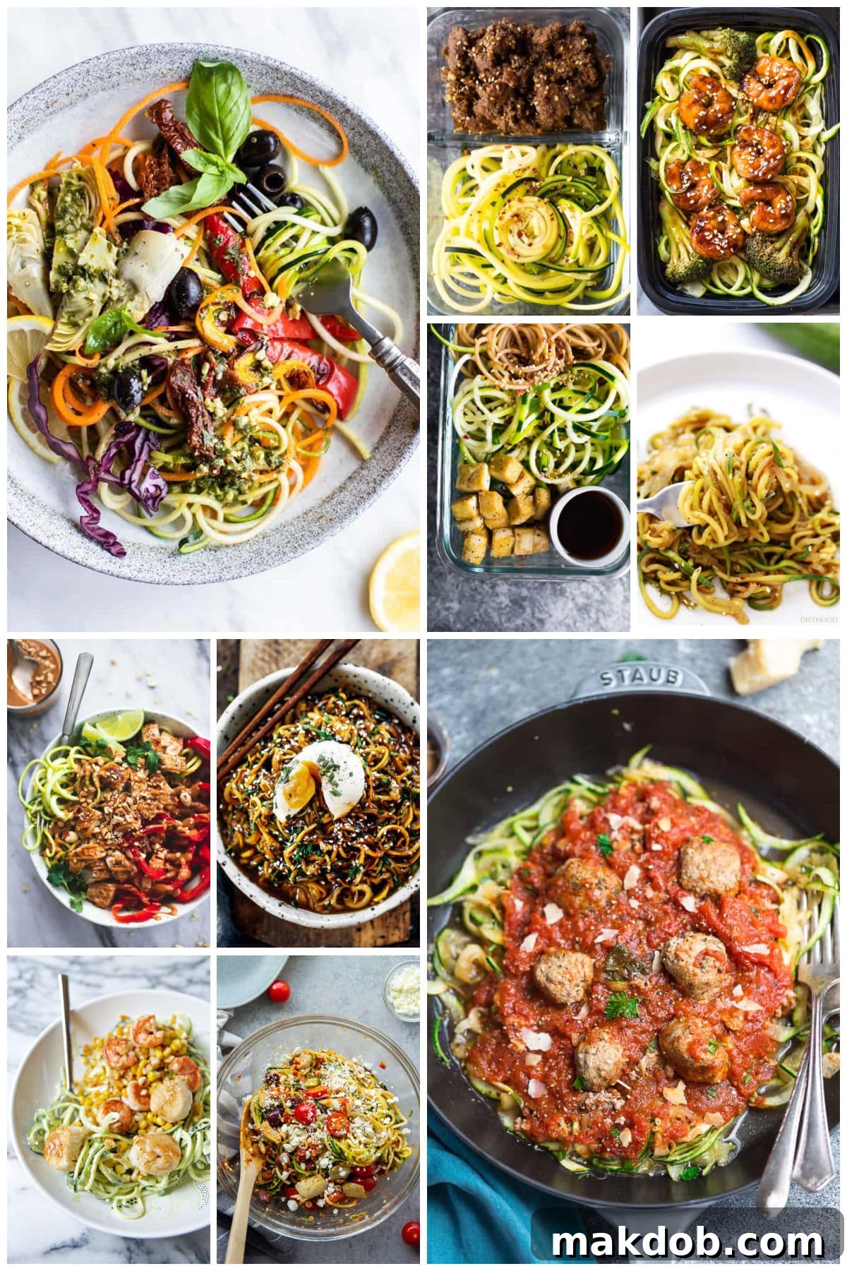 25 Healthy Zucchini Noodle Recipes for Every Meal 14 A vibrant collage of lighter zucchini noodle recipes, including sesame ginger zucchini noodles, shrimp teriyaki zoodles, and Mediterranean zucchini noodle salad.