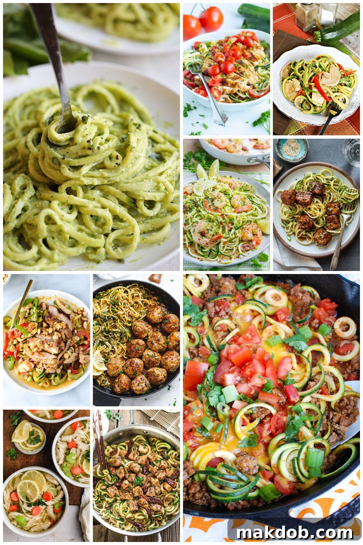 25 Healthy Zucchini Noodle Recipes for Every Meal 3 A selection of healthy zoodle recipes, including avocado pesto zoodles, Mexican zucchini noodles, and Cajun chicken zoodles, showcasing diverse culinary inspirations.