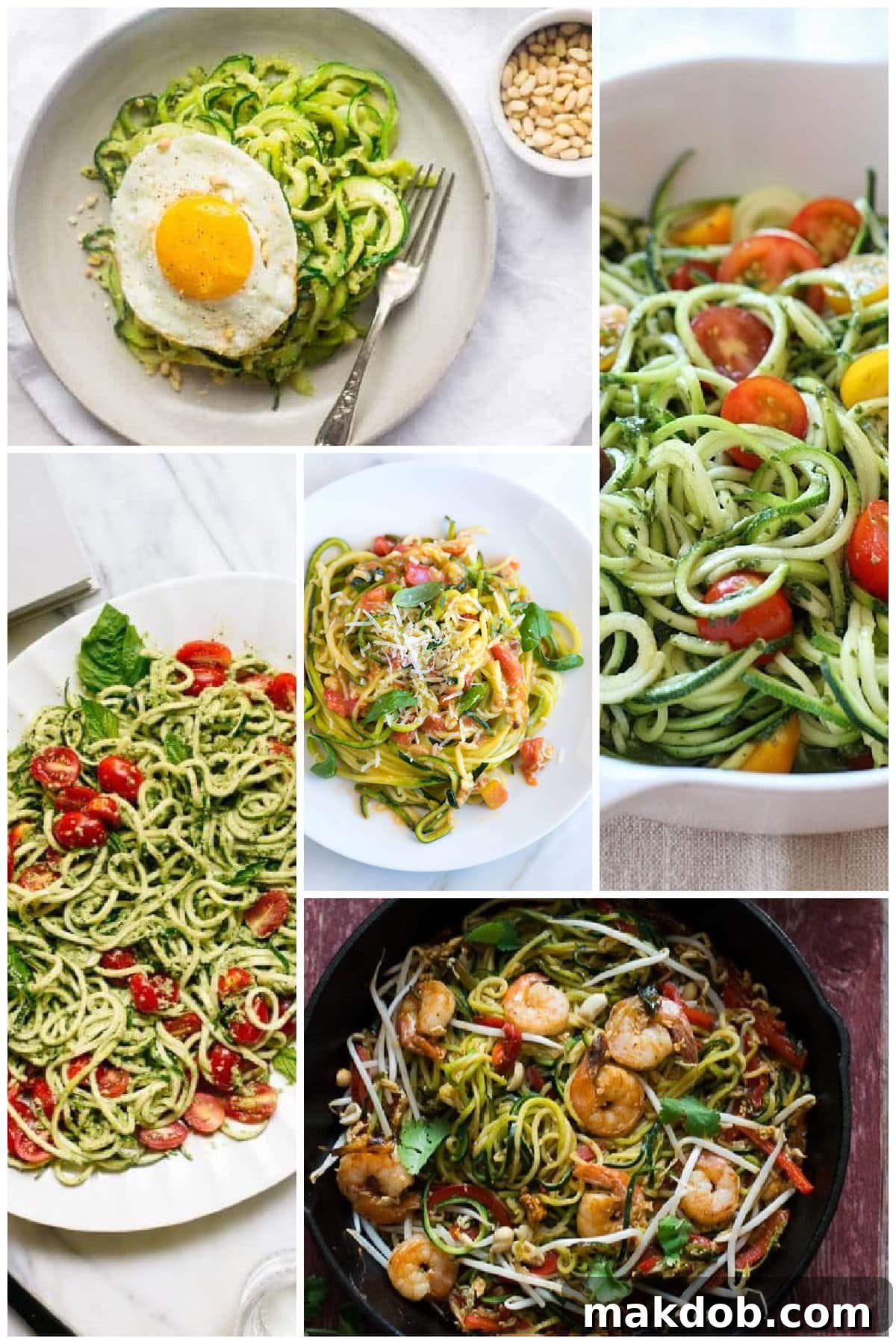 25 Healthy Zucchini Noodle Recipes for Every Meal 25 A group of nutritious zucchini noodle dishes, including zucchini pesto noodles, garlic parmesan zucchini noodles, and zucchini noodle pad Thai.