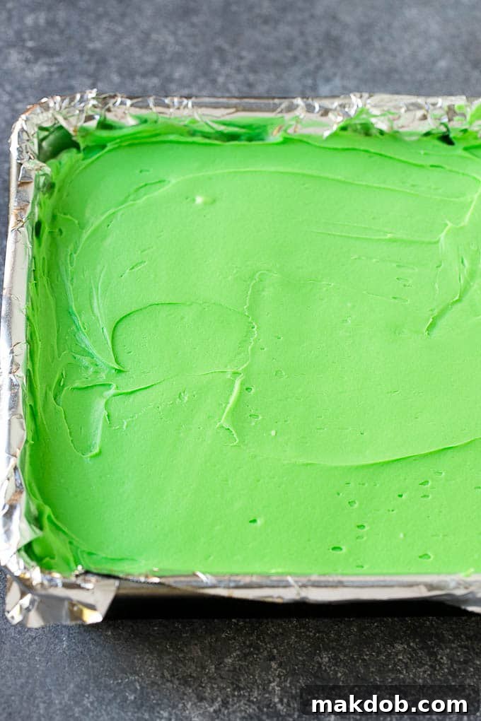 Mint Brownies Recipe | Layered Brownies | Frosted Brownies #brownies #chocolate #frosting #mint #dessert #dinneratthezoo A layer of green mint frosting spread on top of brownies.
