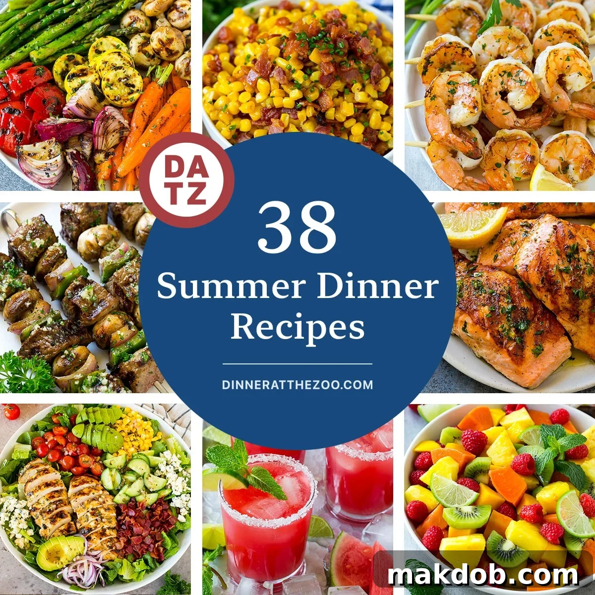 A vibrant collection of summer dinner recipes featuring refreshing watermelon agua fresca, a colorful tropical fruit salad, and hearty steak kabobs, all perfect for warm weather dining.