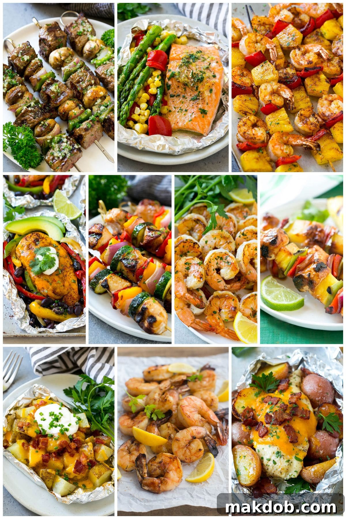 A mouthwatering selection of summer recipes, including savory beef kabobs, perfectly grilled shrimp skewers, and convenient salmon foil packets – ideal for easy and delicious outdoor cooking.