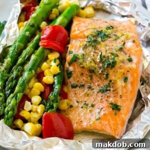 A convenient salmon foil packet, ready to be baked or grilled, packed with perfectly seasoned salmon and fresh, vibrant vegetables.