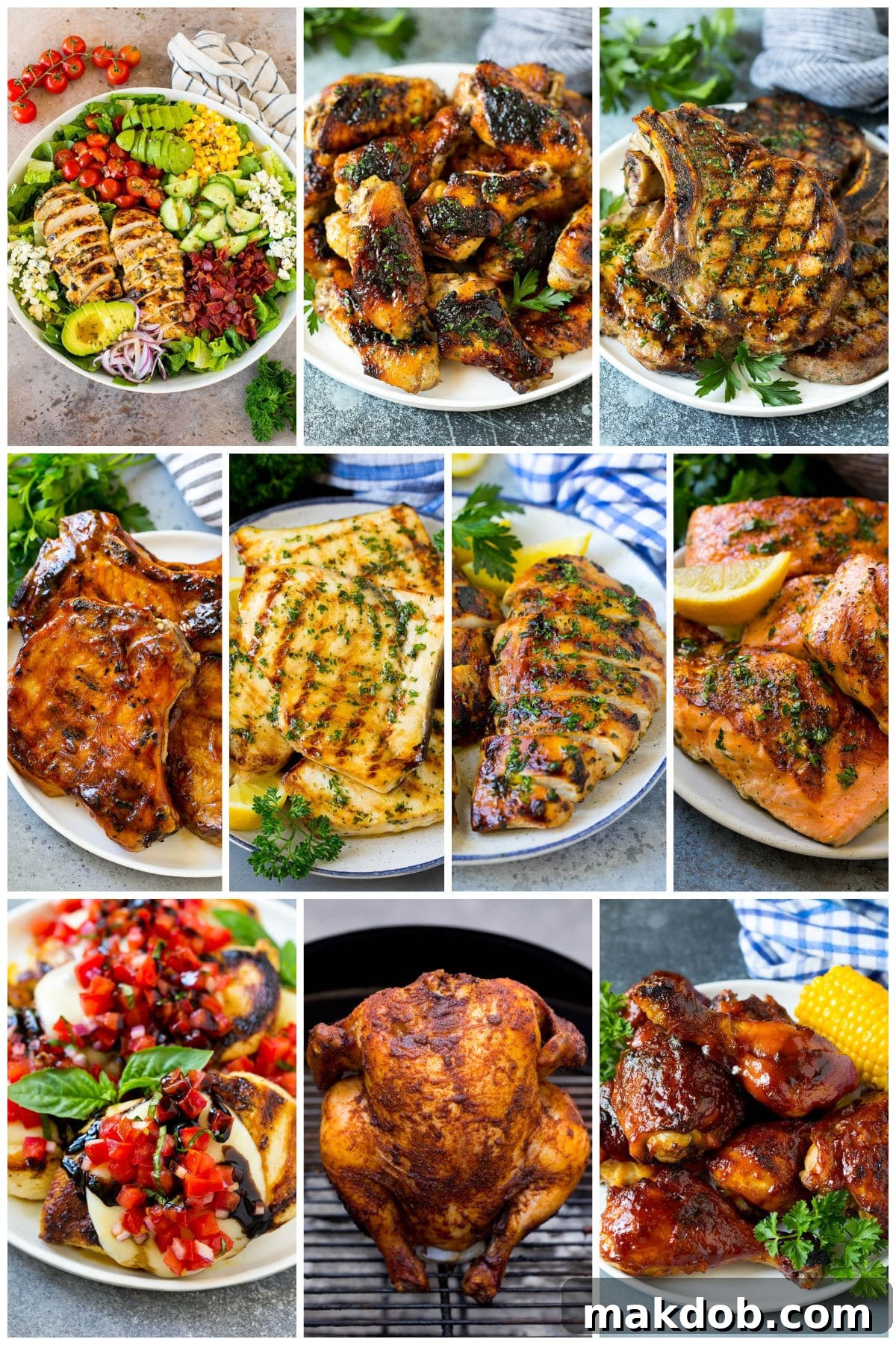 A delicious collection of summer dinner recipes, showcasing perfectly grilled chicken, succulent grilled pork chops, and savory BBQ chicken – essential for any summer cookout.