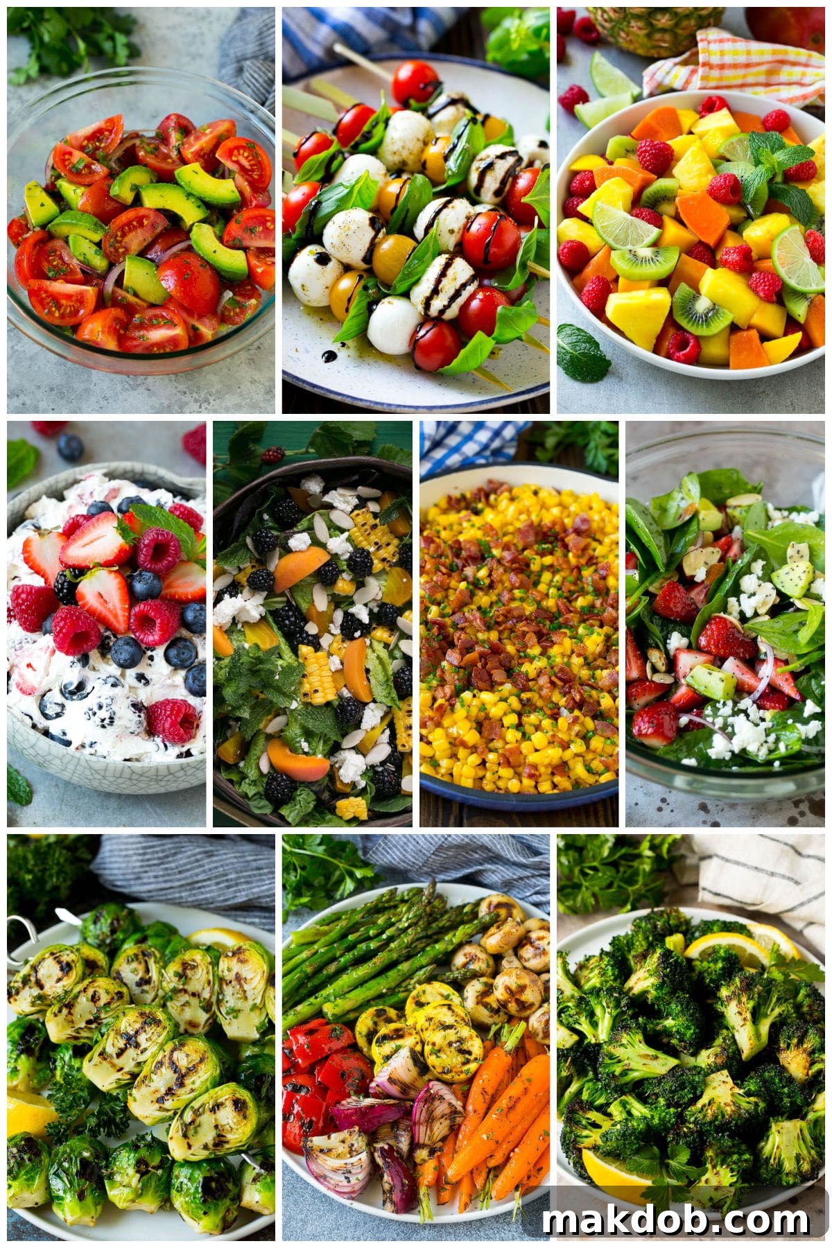 A delightful selection of side dishes perfect for summer dinners, including refreshing caprese skewers, a vibrant strawberry spinach salad, and an assortment of perfectly grilled vegetables.