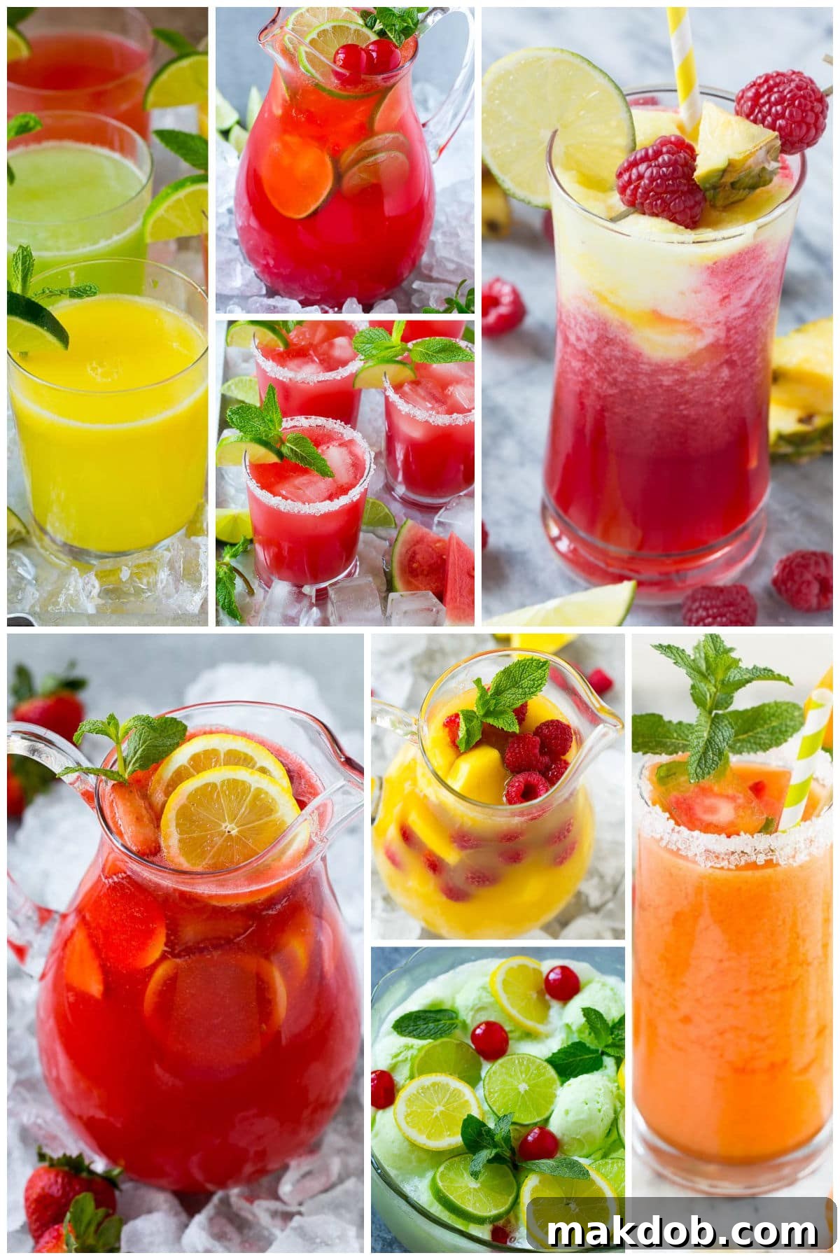 A tempting assortment of summer drinks, including vibrant strawberry lemonade, zesty cherry limeade, and various refreshing agua frescas.