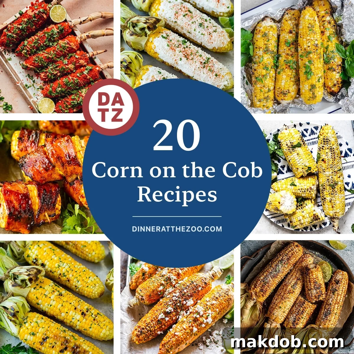 A vibrant collage showcasing a variety of delicious corn on the cob recipes. Featured prominently are Mexican street corn (elote) adorned with cheese and spices, savory bacon-wrapped corn, and perfectly grilled corn, all invitingly arranged to highlight their unique flavors and textures. This image serves as a visual feast for anyone seeking creative ways to enjoy this summer favorite.