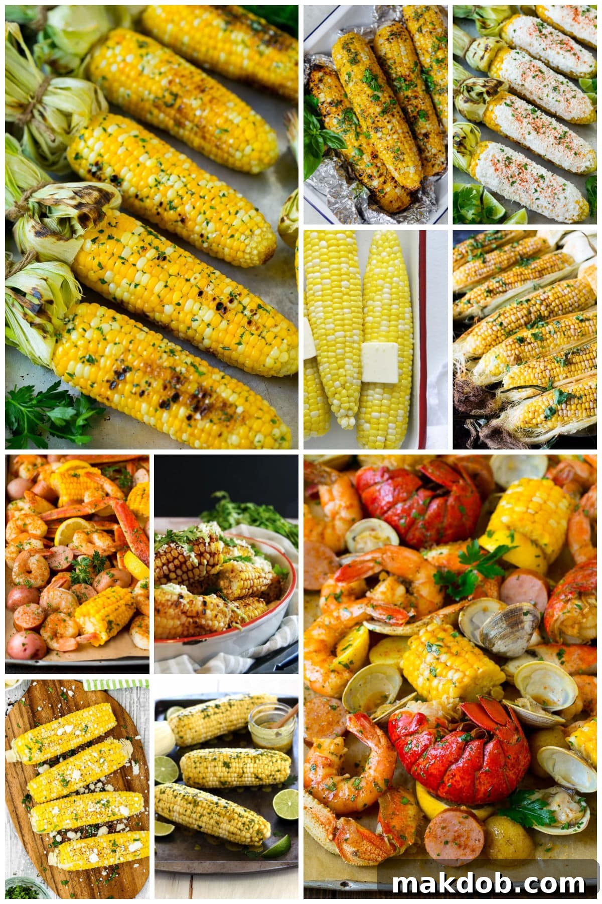A diverse assortment of mouth-watering corn dishes, including perfectly grilled corn on the cob with a golden char, a hearty seafood boil brimming with flavorful ingredients, and tender Instant Pot corn on the cob. This collage highlights various cooking methods and delicious ways to prepare corn, showcasing its versatility from simple grilling to elaborate seafood feasts.