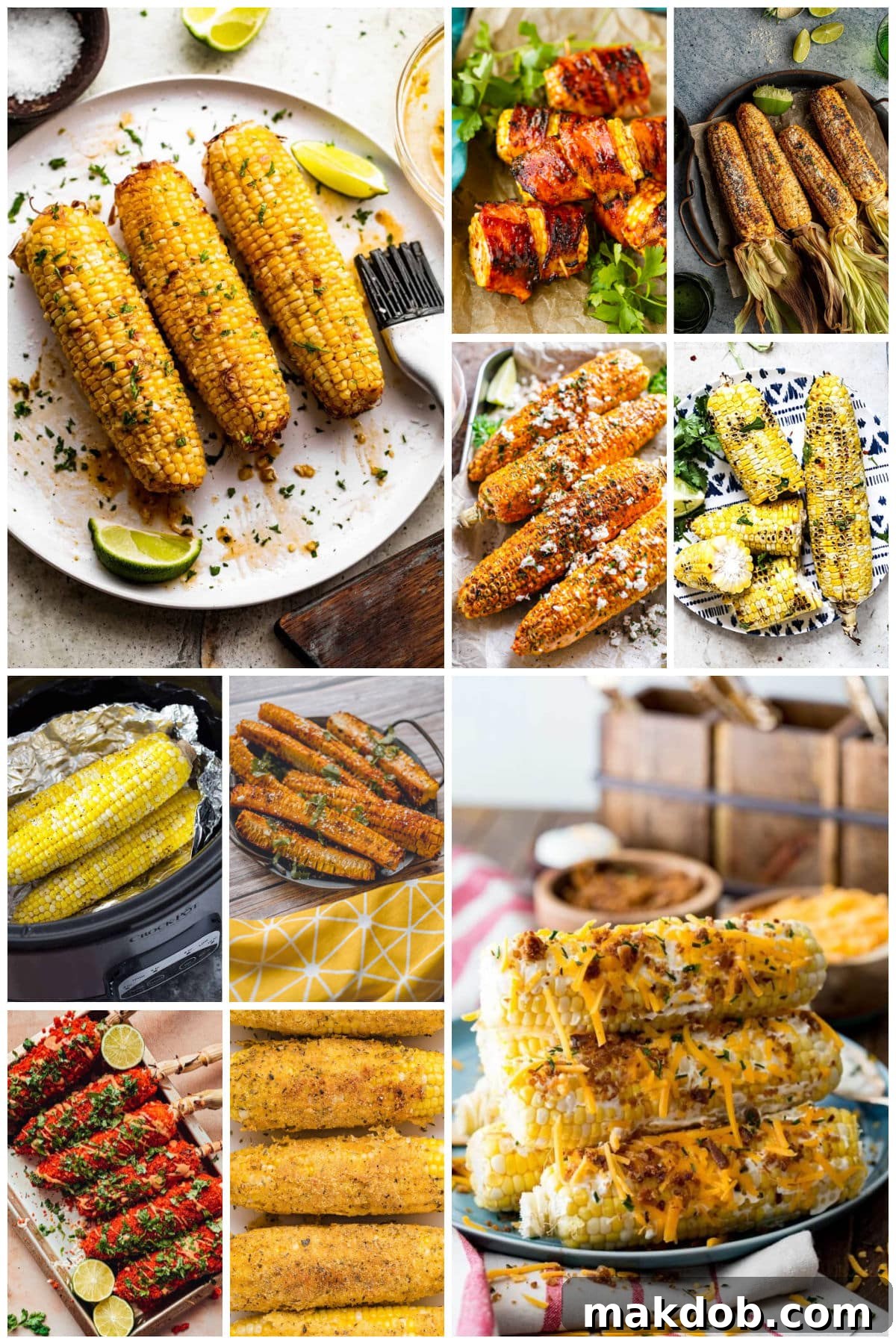 A visually stunning montage featuring various creative corn on the cob dishes, including crispy corn ribs, succulent bacon-wrapped corn, and golden-brown deep-fried corn on the cob. The arrangement highlights the diverse textures and vibrant appeal of these unique preparations, inviting viewers to explore new culinary possibilities with this classic vegetable.