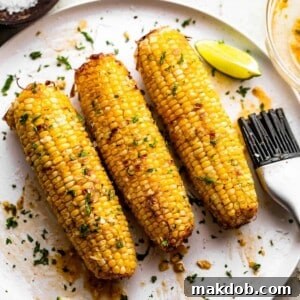 Three perfectly golden ears of air fryer corn on the cob, lightly seasoned and beautifully roasted, resting on a rustic plate. The image captures the appealing texture achieved through air frying, promising a delicious and convenient way to enjoy fresh corn with a lovely char.