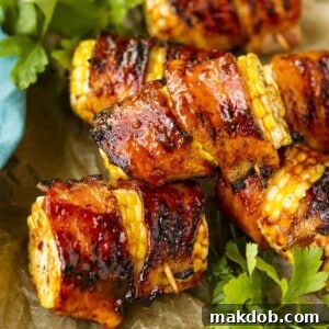 Juicy corn on the cob segments expertly wrapped in crispy, savory bacon, glistening with a sweet and spicy glaze. This image showcases the irresistible fusion of smoky bacon with the natural sweetness of corn, hinting at a truly decadent and flavorful grilled treat.