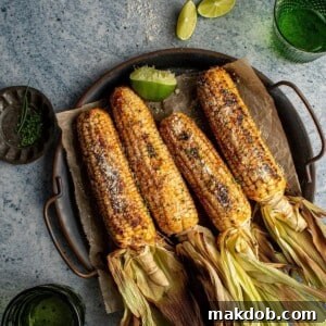 Four ears of perfectly blackened corn on the cob, expertly grilled to achieve a beautiful char and deep flavor. The corn is elegantly garnished with finely chopped chives, a sprinkle of parmesan cheese, and a wedge of fresh lime, hinting at a vibrant and zesty finish.