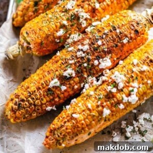 A vibrant image of Cajun corn on the cob, generously coated in a creamy, spice-infused mayo sauce and sprinkled with crumbled salty cheese and fresh herbs. The rich colors and textures promise a dish bursting with bold, Southern-inspired flavors, perfect for a lively gathering.