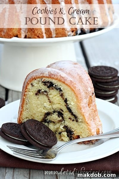 Cookies and Cream Pound Cake, a rich and decadent dessert infused with crushed chocolate sandwich cookies.