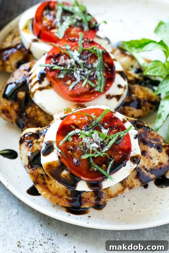 Grilled Chicken Caprese with fresh mozzarella, ripe tomatoes, basil, and balsamic reduction for a quick, elegant dinner.