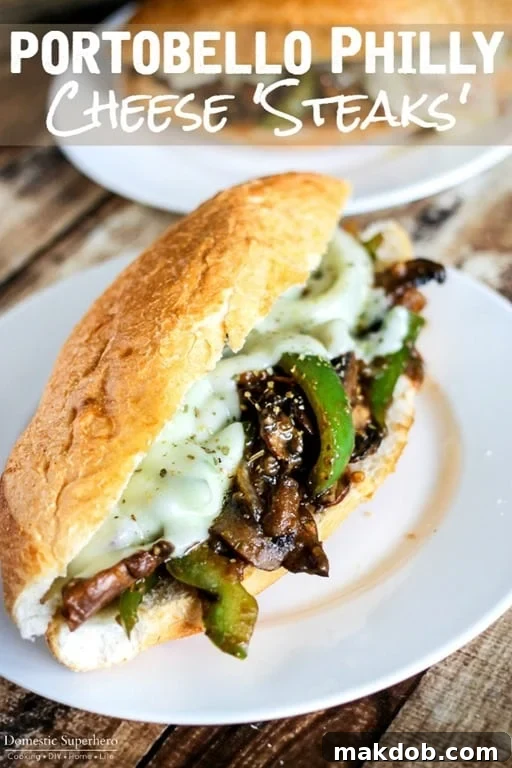 Portobello Philly Cheesesteaks, a vegetarian twist on the classic with sautéed mushrooms, peppers, onions, and melted cheese.