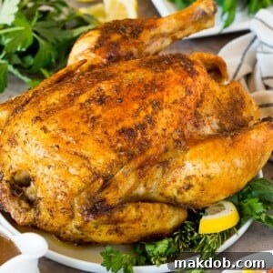 A perfectly cooked Instant Pot whole chicken, ready to serve alongside tender green beans and savory pilaf.