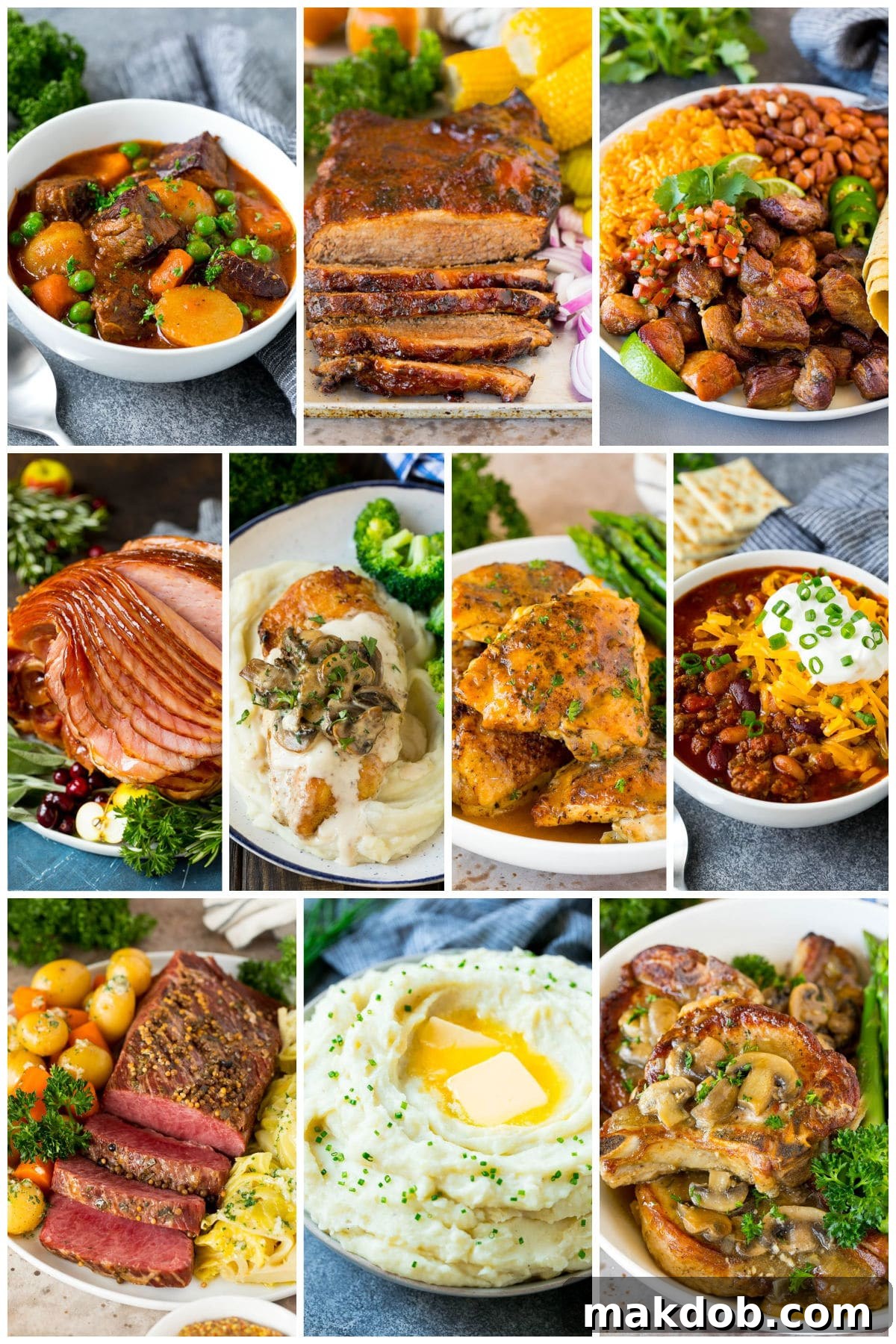 A delightful selection of quick and easy Instant Pot recipes, including robust chili, glazed ham, and tender pork chops, ideal for any meal.