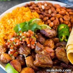 A vibrant plate of Instant Pot carnitas, featuring crispy pork alongside fluffy rice, seasoned beans, fresh salsa, and warm tortillas.