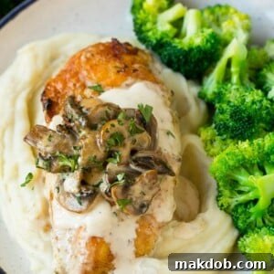 Tender Instant Pot chicken smothered in a creamy mushroom sauce, served alongside fluffy mashed potatoes and a vibrant side of broccoli.