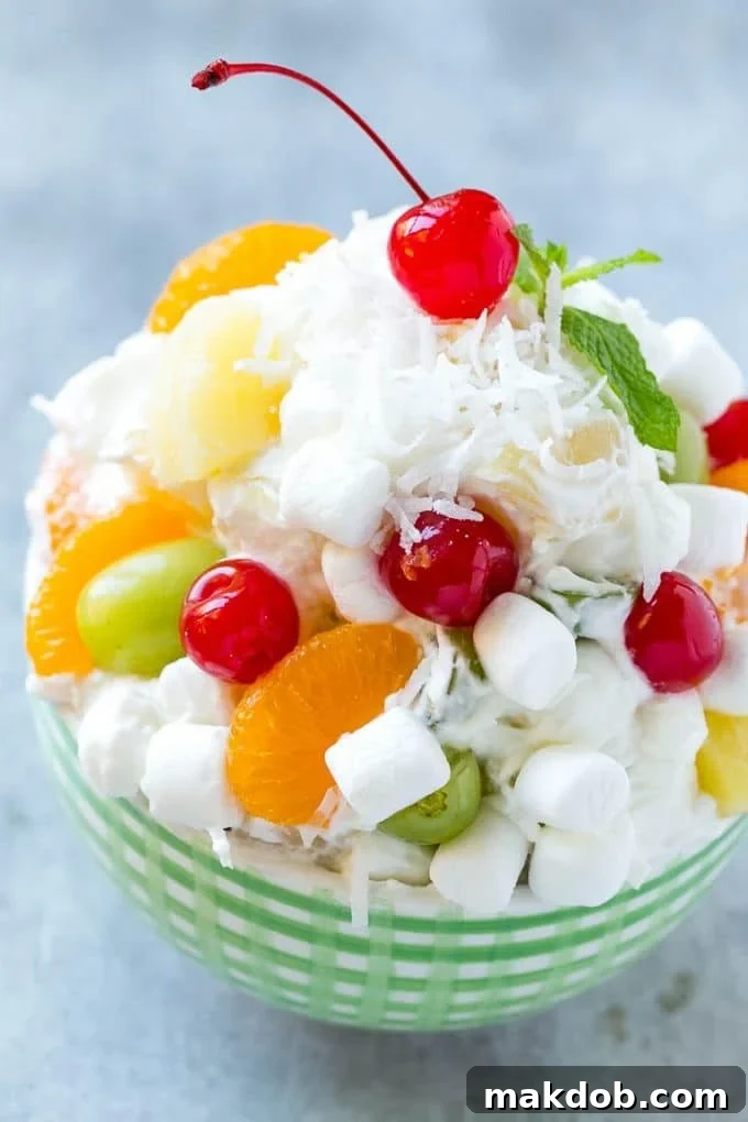 Ambrosia Salad Recipe | Fruit Salad | Potluck Dish #fruit #fruitsalad #coconut #marshmallows #dessert #dinneratthezoo A bowl of ambrosia salad with a variety of colorful fruit with marshmallows and coconut, tossed in a light and creamy dressing.