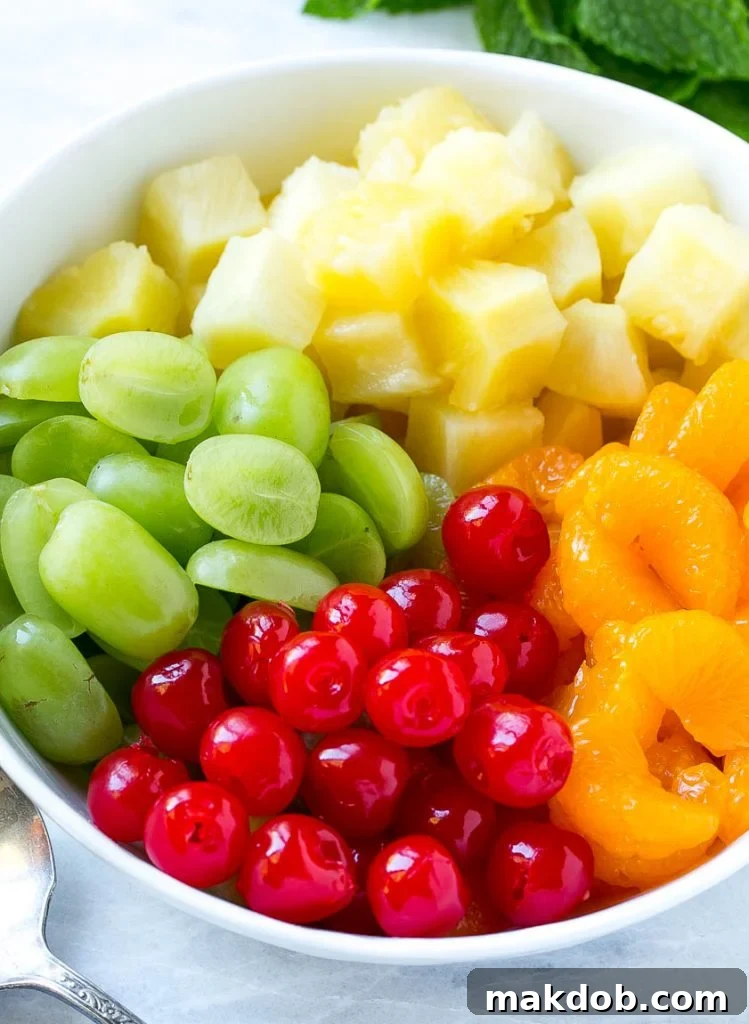 Ambrosia Salad Recipe | Fruit Salad | Potluck Dish #fruit #fruitsalad #coconut #marshmallows #dessert #dinneratthezoo A bowl of oranges, pineapple, grapes and cherries.